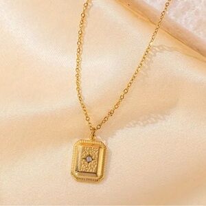 Elegant Stainless Steel Square Pendant with Inlaid Eight-Arm Star Necklace